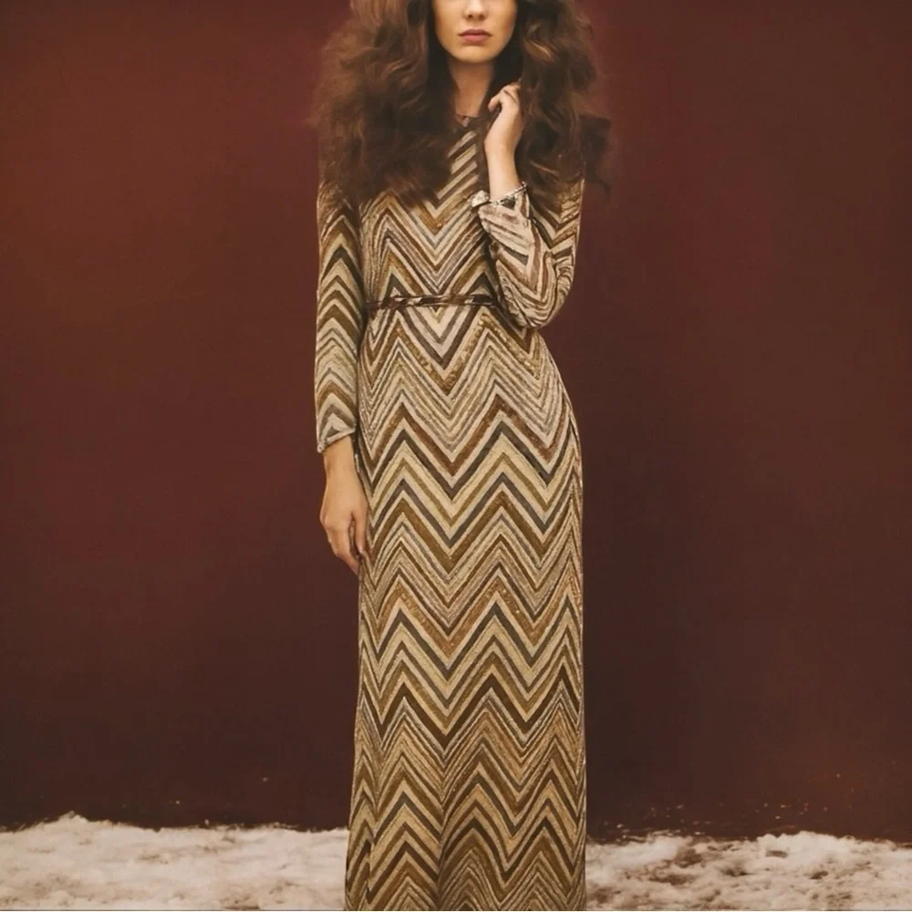 FREE PEOPLE *Ultra RARE* Beaded Velvet Chevron Long Sleeve‎ Maxi Dress